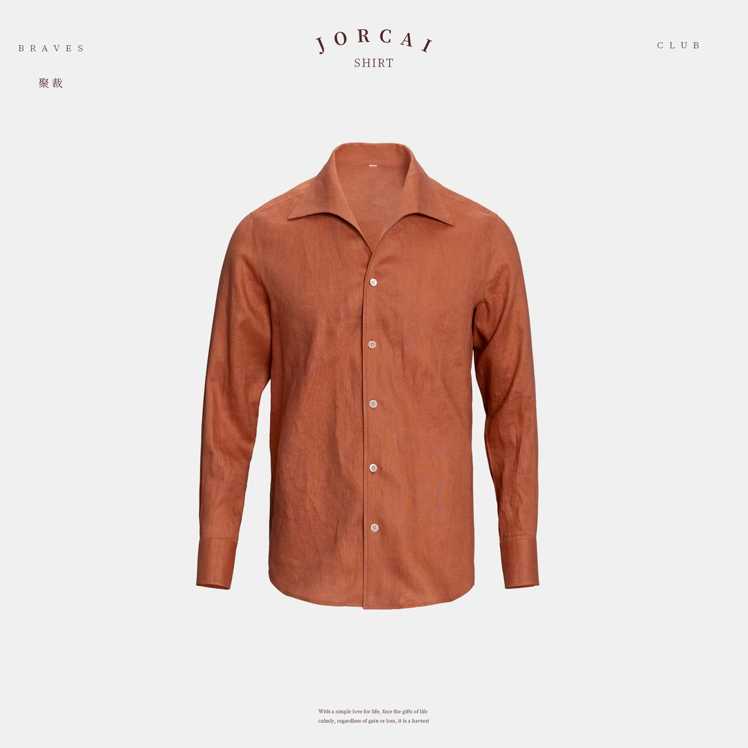 聚裁男士高端夏季法国进口亚麻裸穿不扎透气纯色一片领长袖衬衫