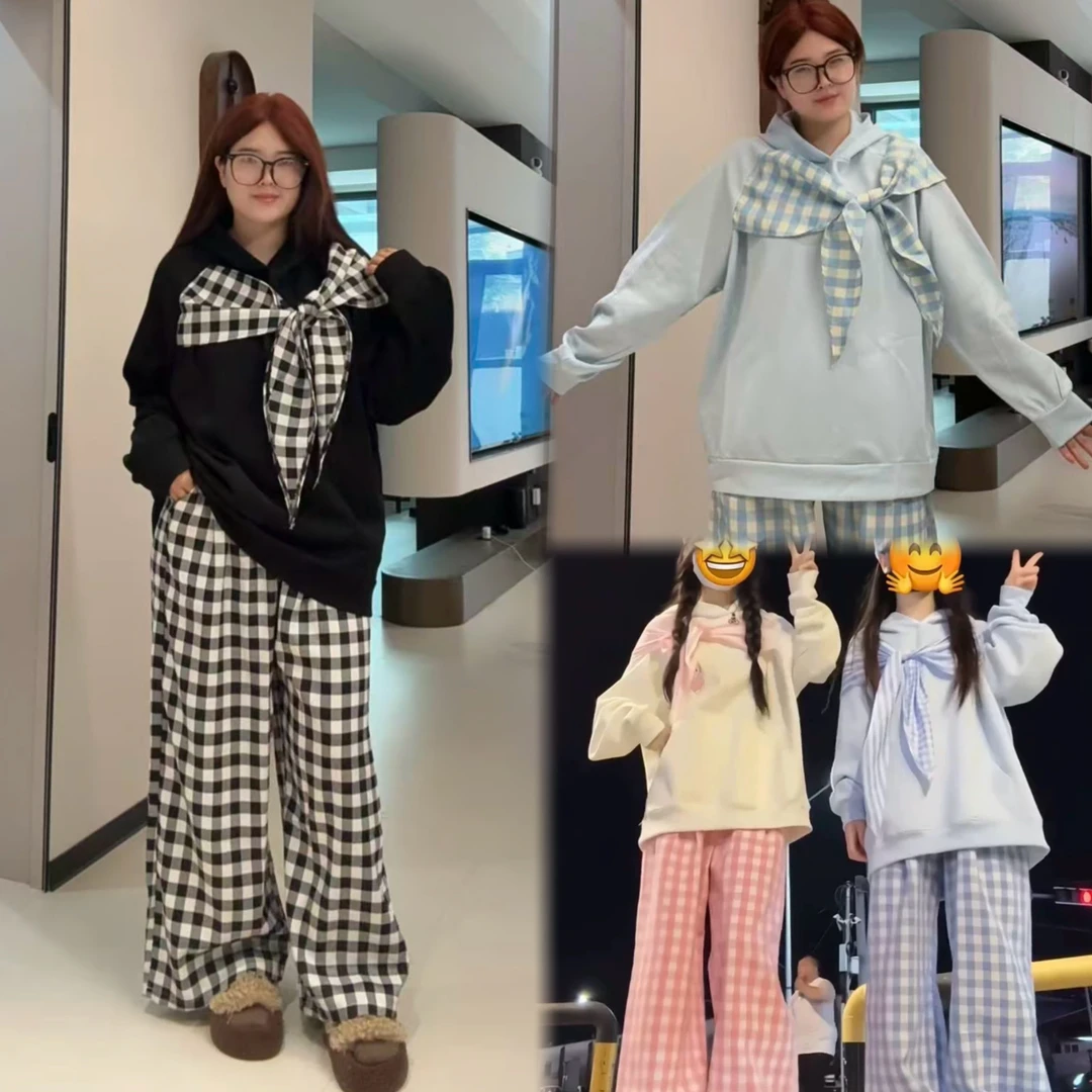 早秋新款氛围感披肩连帽卫衣宽松高腰格子裤两件套