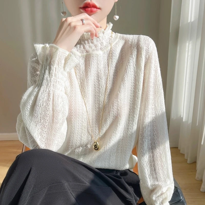 小香风春秋白色蕾丝小衫半高领打底衫内搭毛衣镂空温柔木耳边上衣