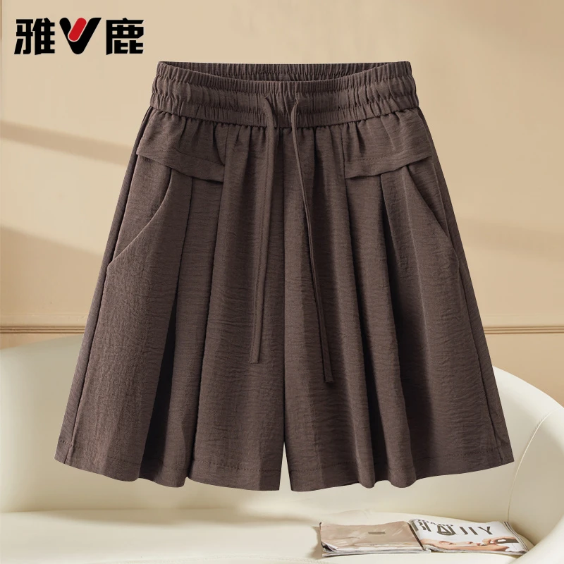 V/雅鹿高腰抽绳宽松短裤女2025夏季新款简约显瘦休闲百搭阔腿短裤
