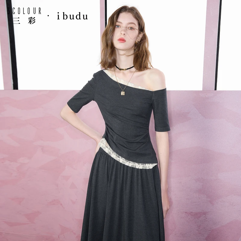 三彩ibudu2025春季新款斜领短袖T恤半身裙两件套女长裙套装
