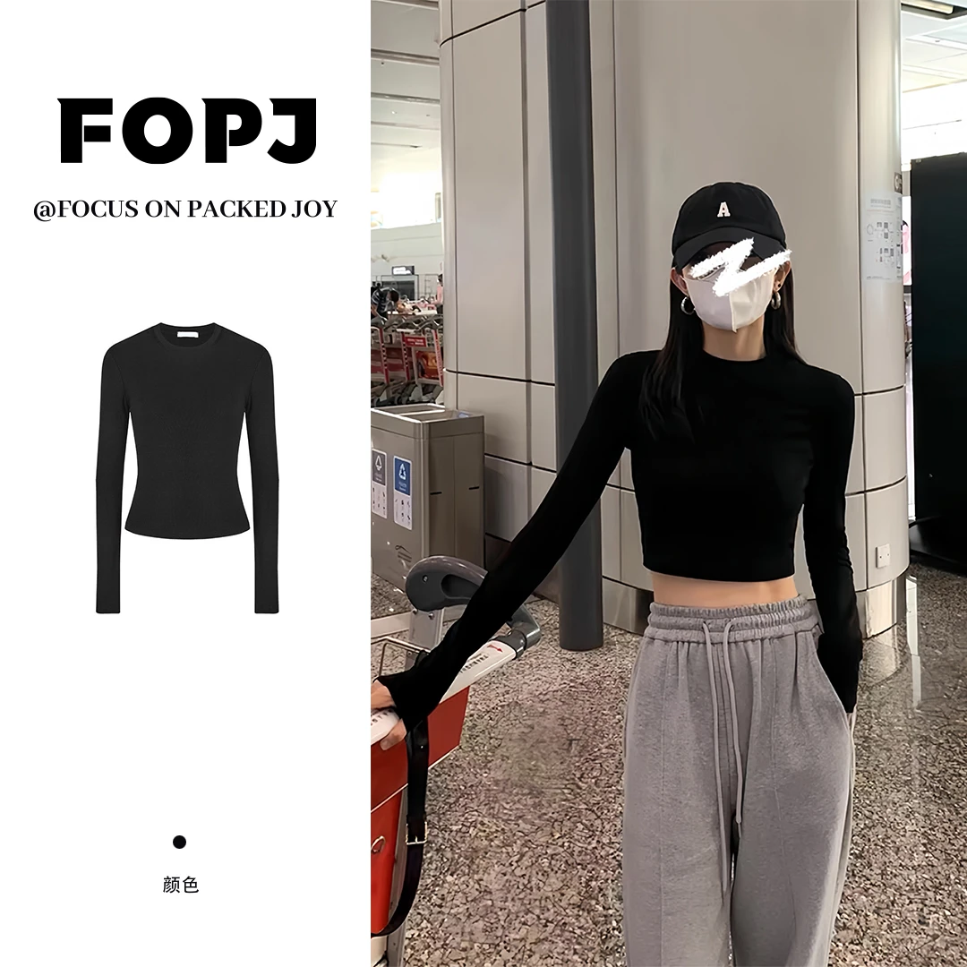 FOPJ美式正肩打底衫长袖t恤女春季内搭修身显瘦辣妹短款露脐上衣