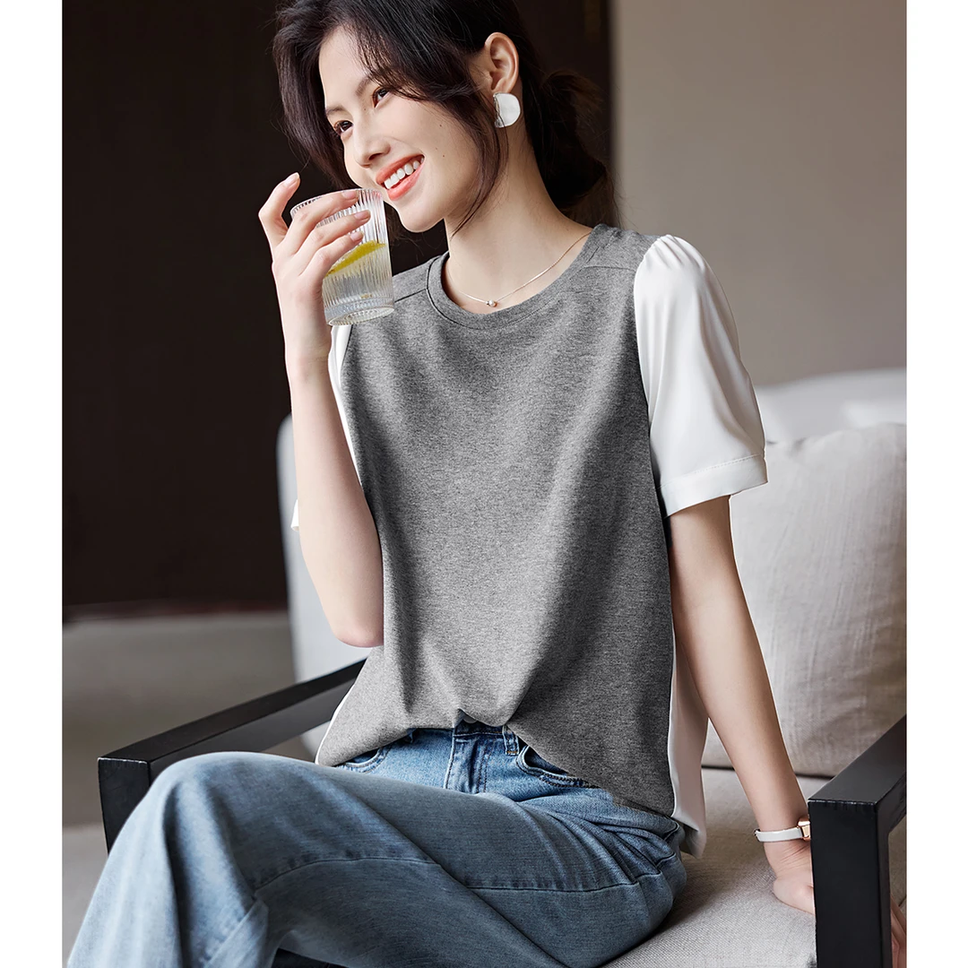 XWI/欣未2025夏款圆领百搭宽松显瘦简约休闲t恤拼接衬衫3B047