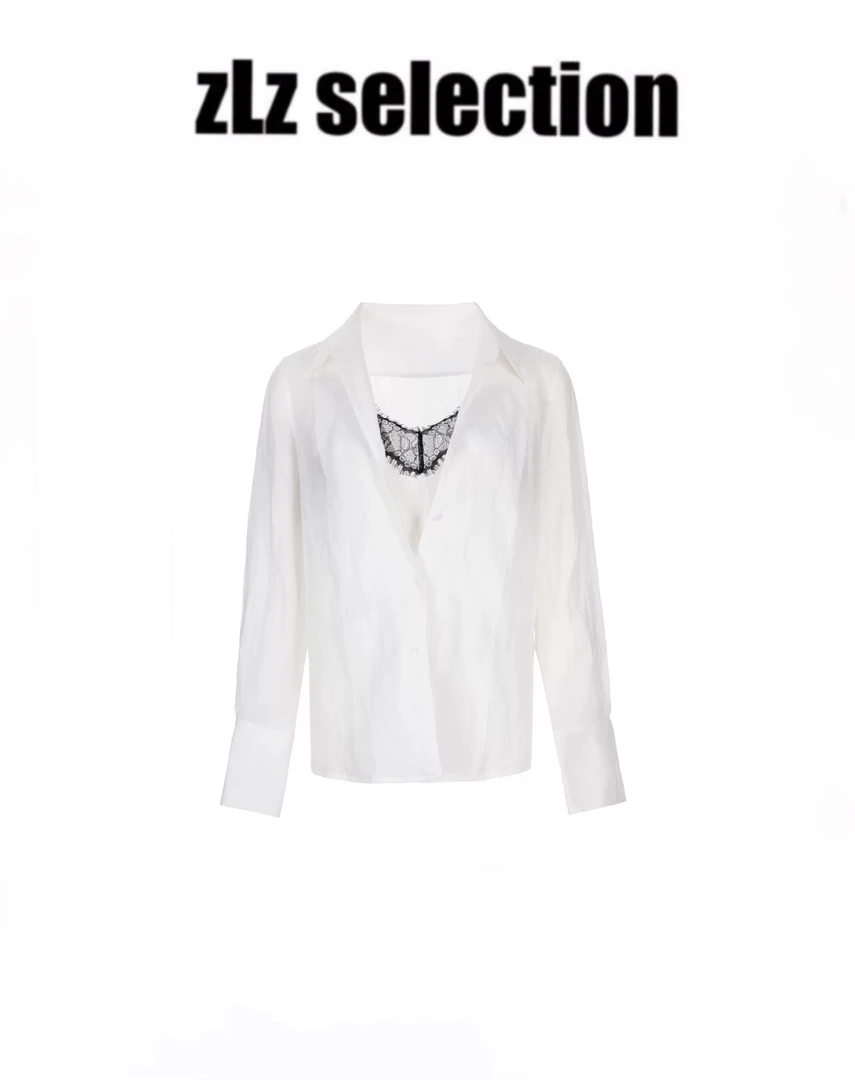 【zlz selection】春夏新款慵懒女人味蕾丝拼接苎麻衬衣两件套
