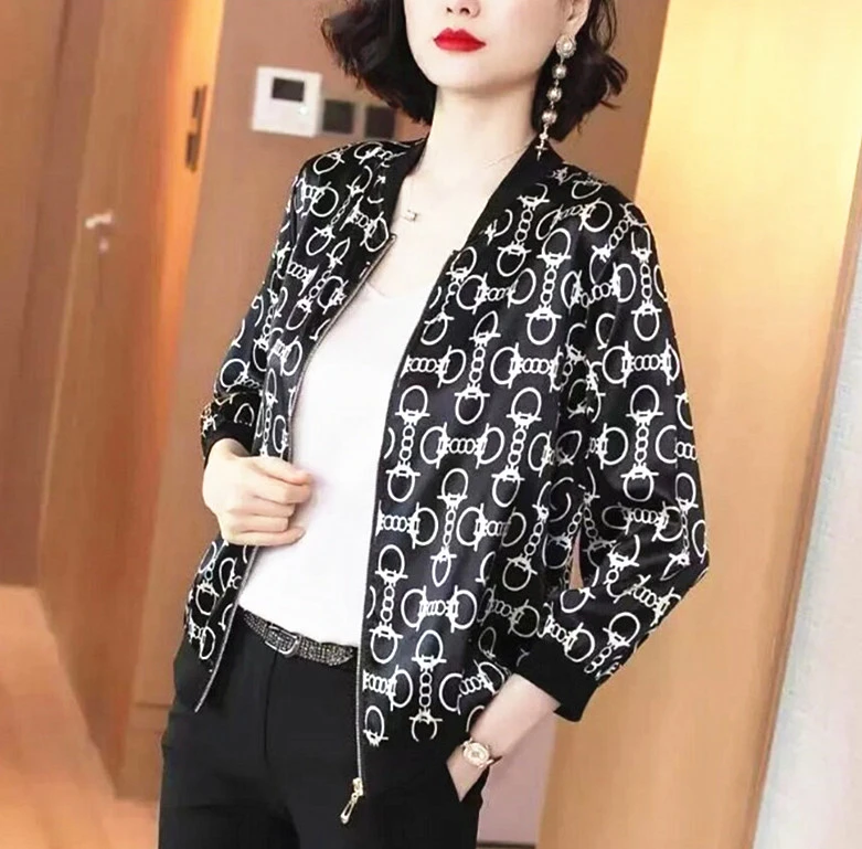 福椰大码时尚百搭印花休闲短外套夏款长袖宽松防晒小衫妈妈装女