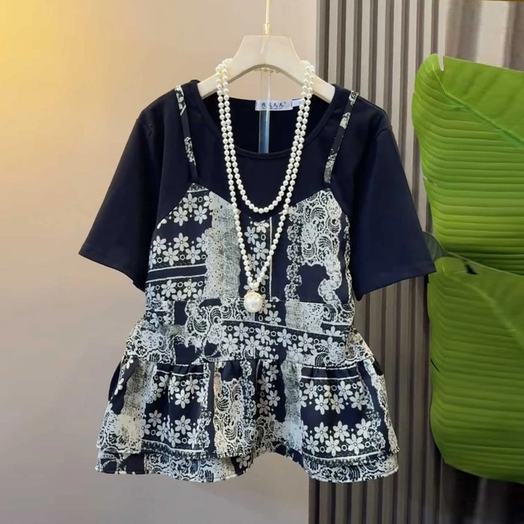 2025夏季新款时尚显瘦宽松大码胖MM女装洋气减龄假两件拼接T恤潮