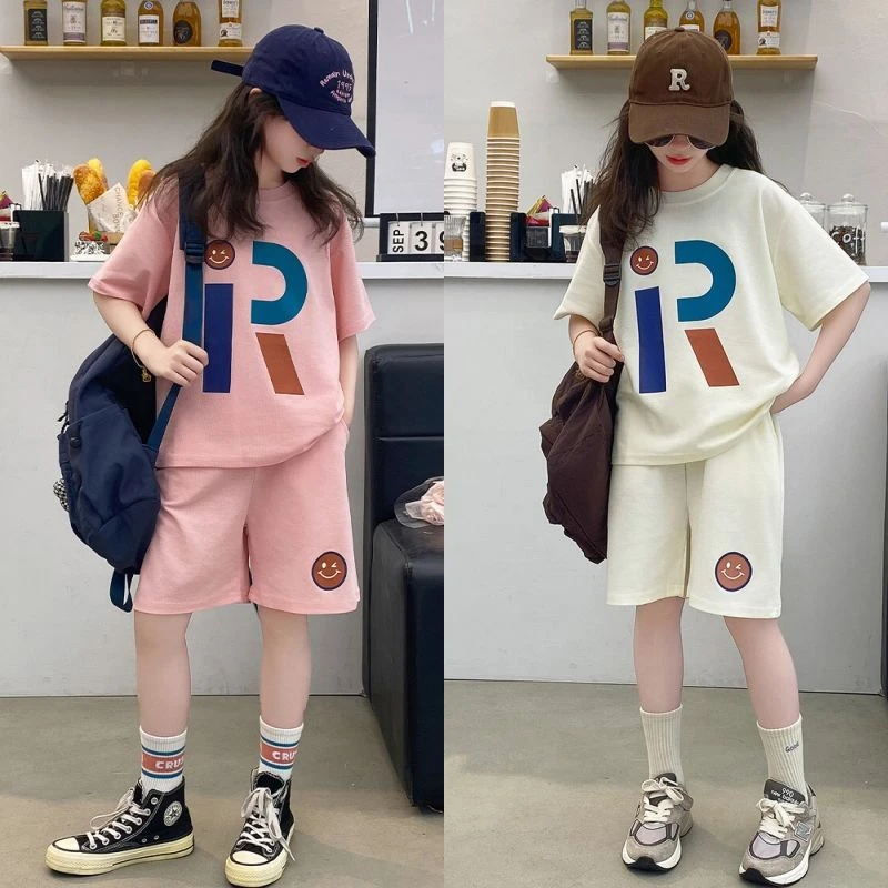 女童短袖套装2025新款中大童夏季短袖夏装两件套女孩印花套装12岁