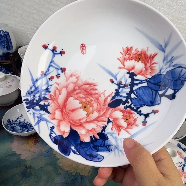 忠意堂釉下彩红牡丹壶茶微瑕不退