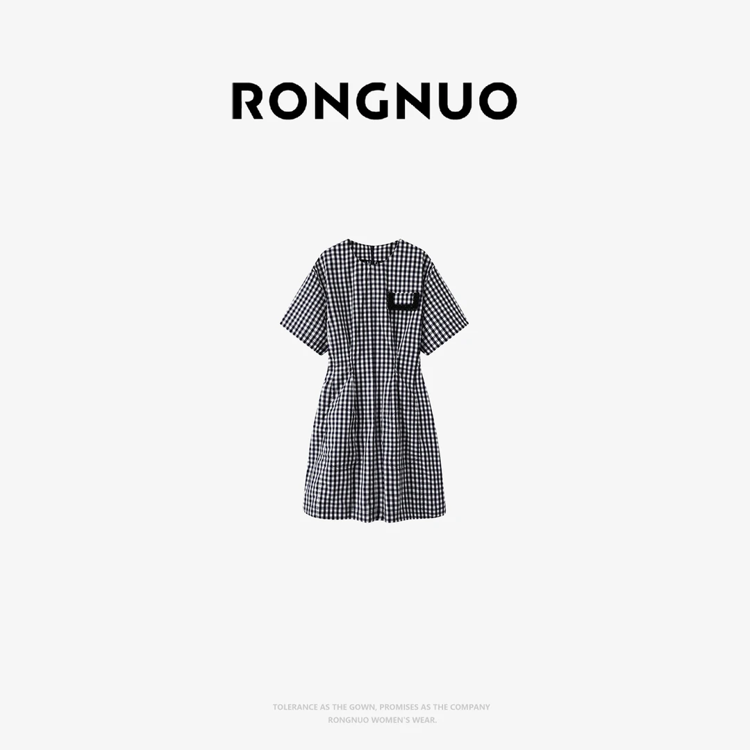 容诺【连衣裙】邱天同款短袖连衣裙25夏新款深蓝色泡泡裙A6665