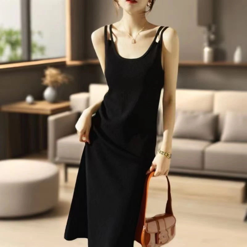 螺纹吊带裙2025新款夏季双肩带冰丝连衣裙中长款显瘦无袖打底裙女