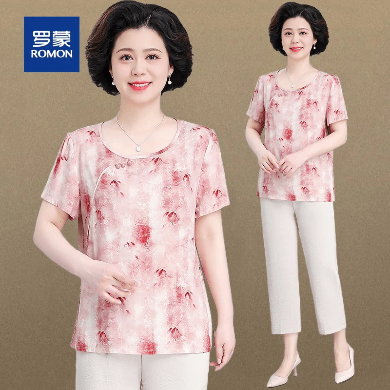 罗蒙中老年人奶奶夏装国风T恤小衫套装女新中式妈妈装短袖衬衫女