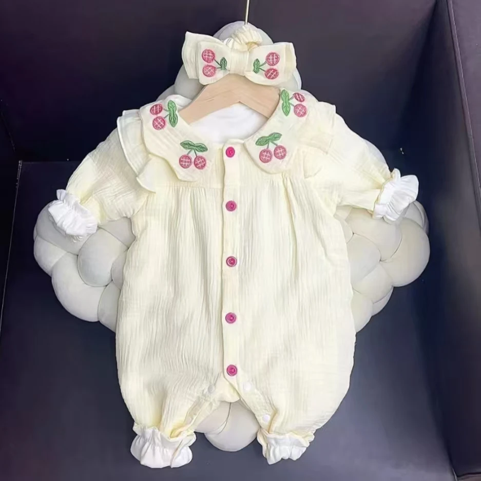 2025春秋A类洋气女童长爬刺绣樱桃双层春秋爬服公主翻领连体衣