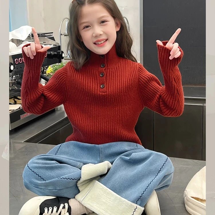 加厚女童高领打底衫毛衣儿童洋气修身针织衫大童装2025冬装新款