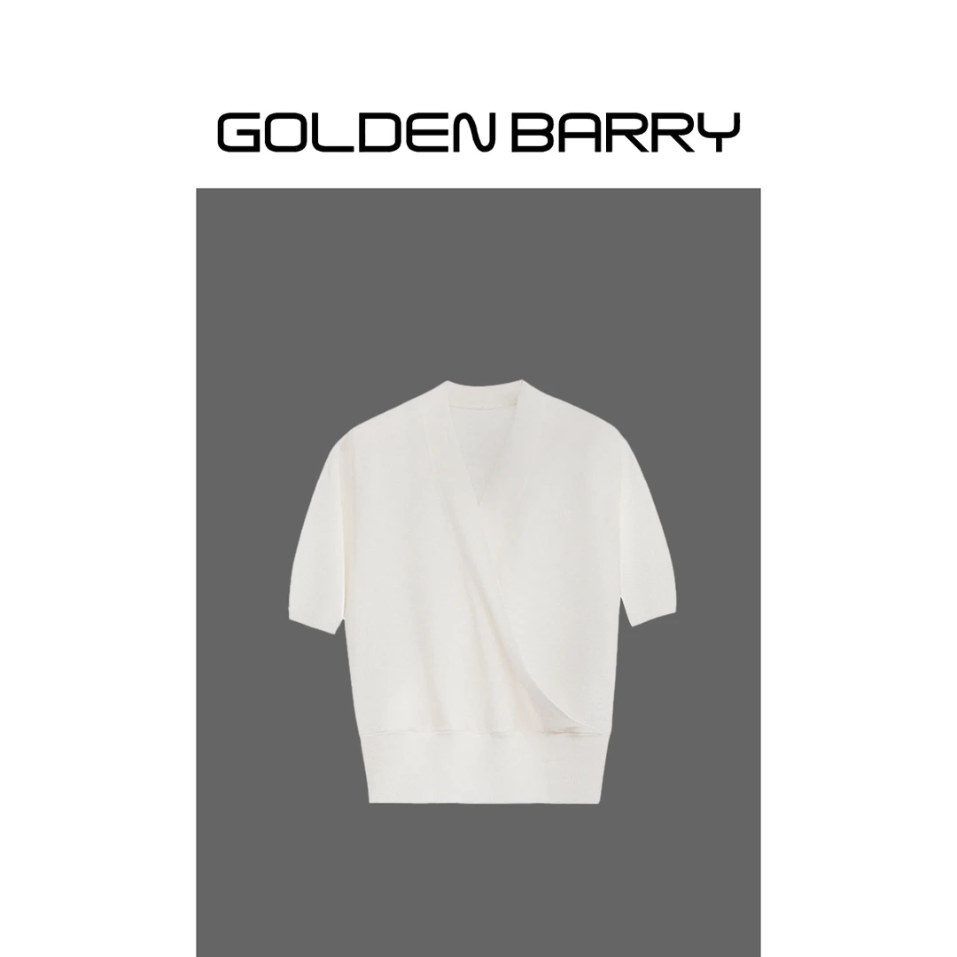 GOLDENBARRY【6.18】246415斜襟亮丝短袖针织衫