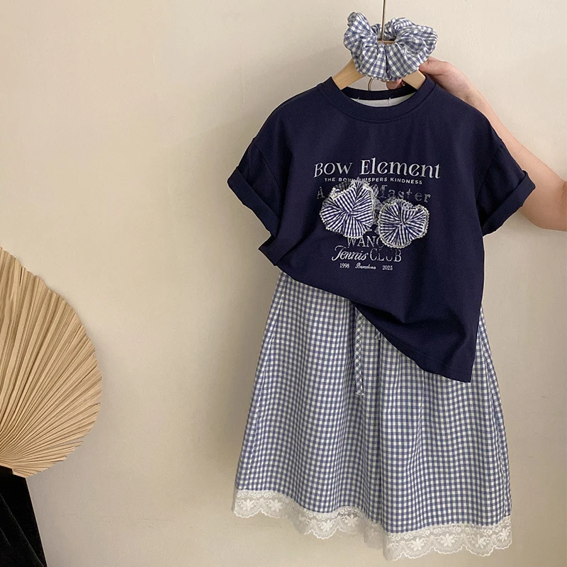 Z-CMZ01韩版女童夏季新款印花字母短袖格子花边阔腿休闲裤两件套