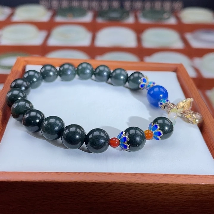 和田玉手链未镶嵌黑青