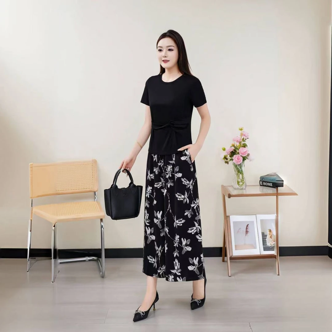 2503【衣长52裤长82】国风水墨印花阔腿裤裙梧桐裤搭配短袖上衣套装