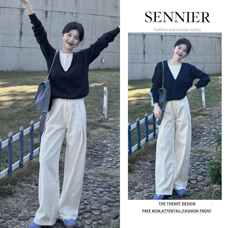 【现货】早秋时尚穿搭女2025新款藏青假两件针织衫高腰直筒裤两件套