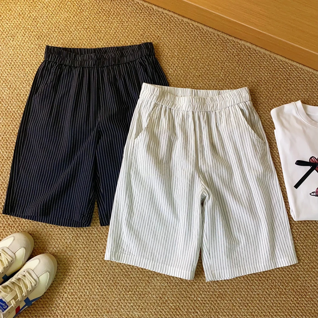 三伏天穿！条纹短裤女中裤夏季薄款Q38宽松高腰日系阔腿五分裤