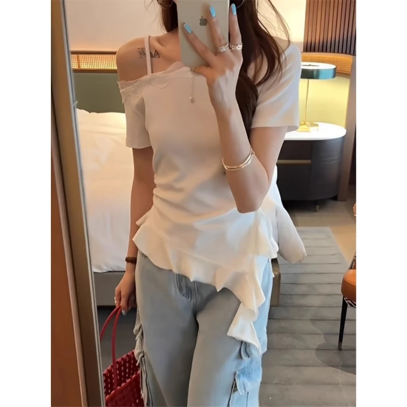 法式荷叶边下摆白色斜肩上衣女2025年夏季新款短袖T恤设计感小众