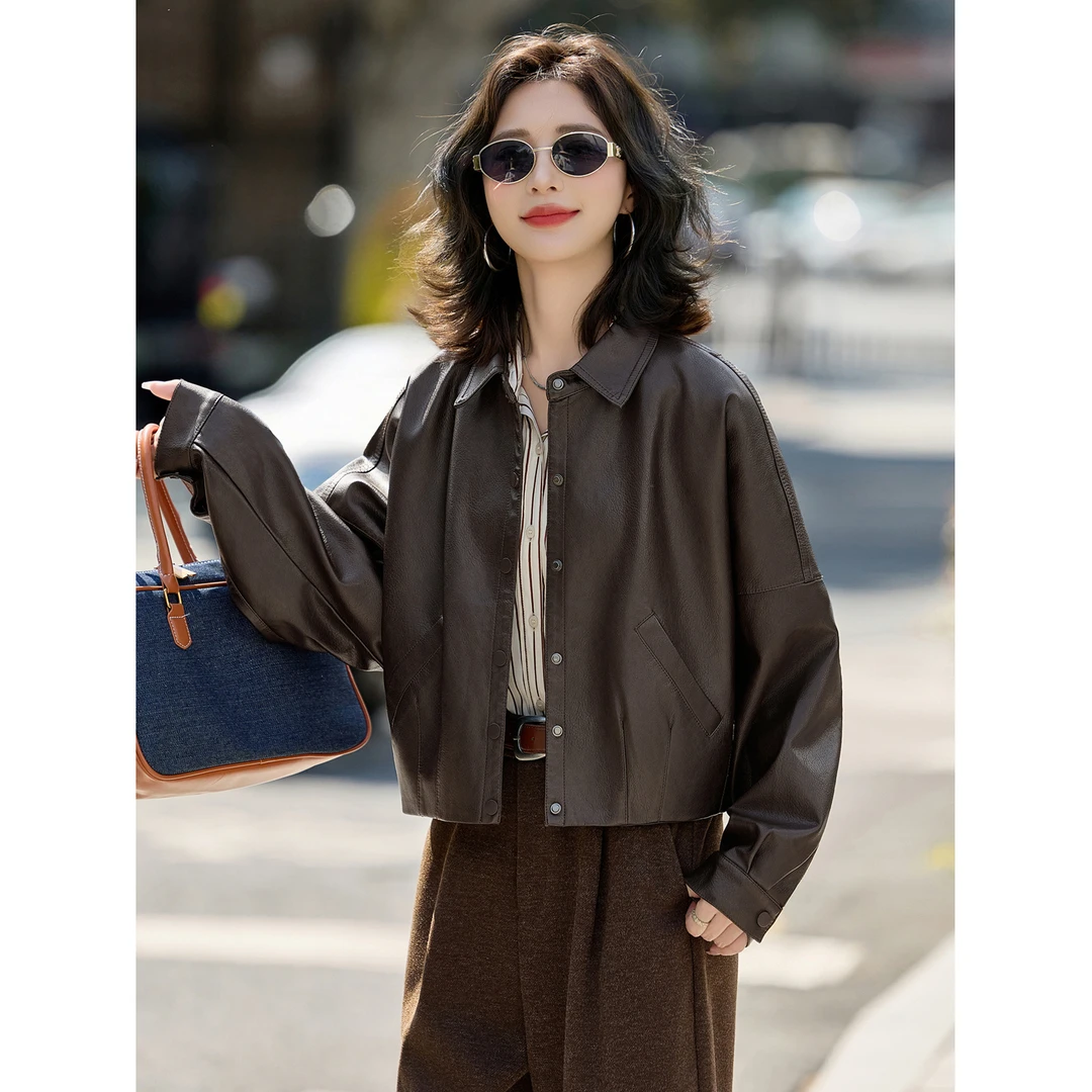 独特超好看咖色皮衣外套女2025秋季新款休闲宽松小个子皮夹克上衣