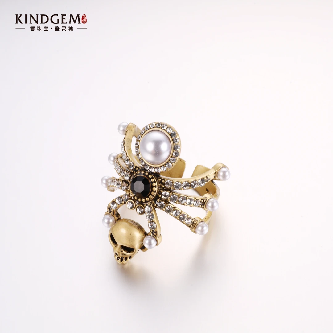 铜合金仿珍珠戒指 【Francesca·V】意·金色设计款骷髅戒指 C-30096