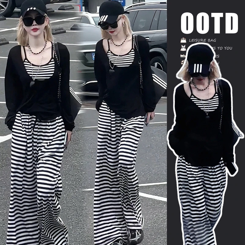 时尚早春款休闲孕妇休闲长袖衫打底吊带+阔腿长裤三件套孕妇装