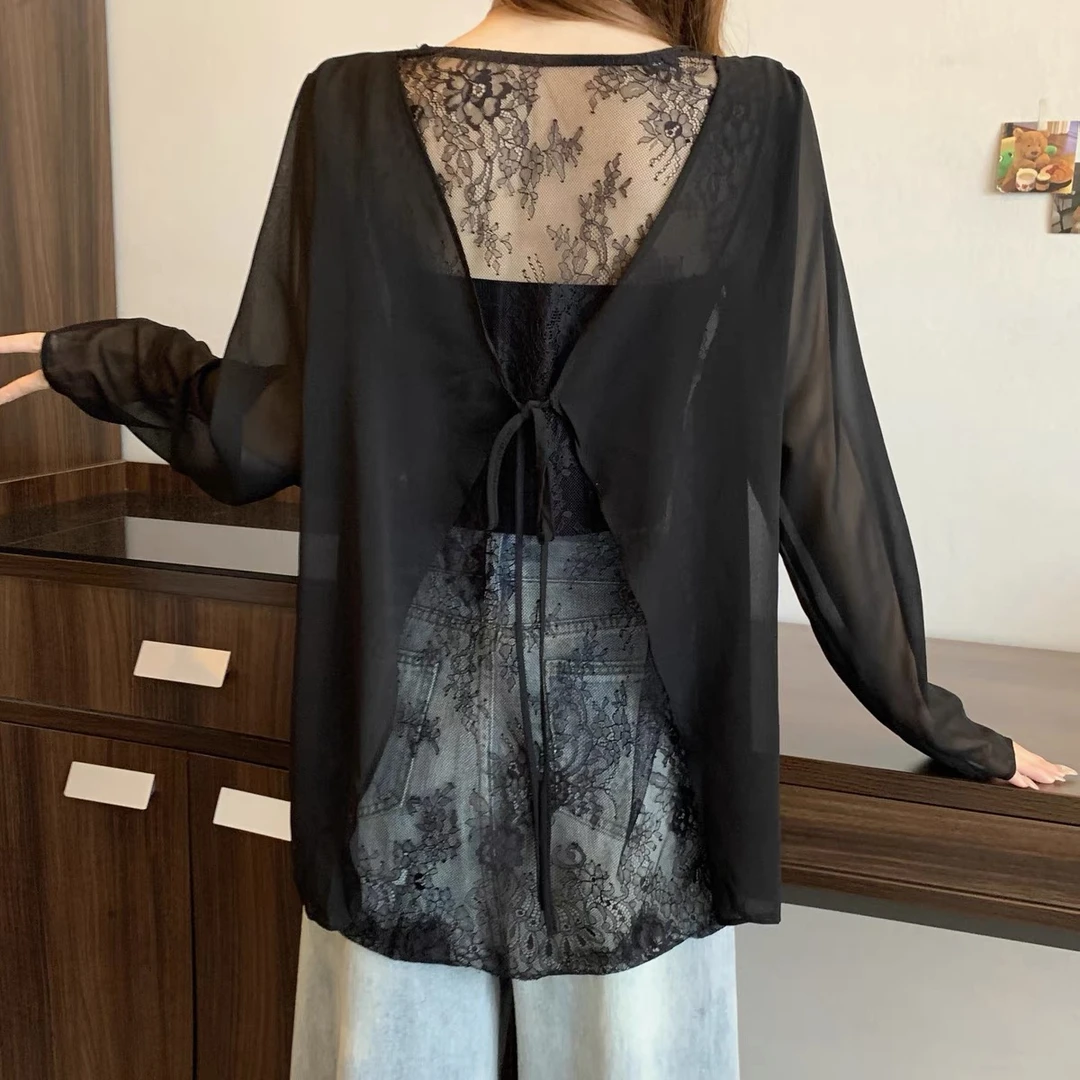 〖猫姐衣橱〗夏季新款珍珠纱拼蕾丝露背防晒上衣9905