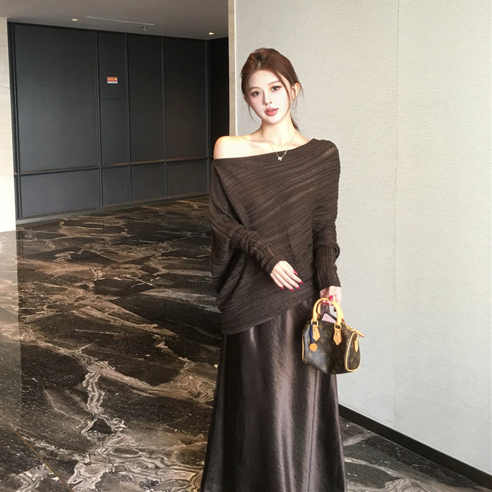 秋季慵懒宽松法式露肩针织上衣气质温柔松紧女毛衣半身裙两件套