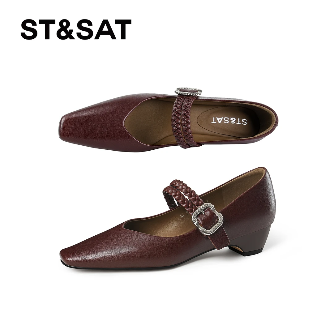 St&Sat/星期六方头法式粗跟玛丽珍鞋休闲浅口单鞋百搭复古女鞋