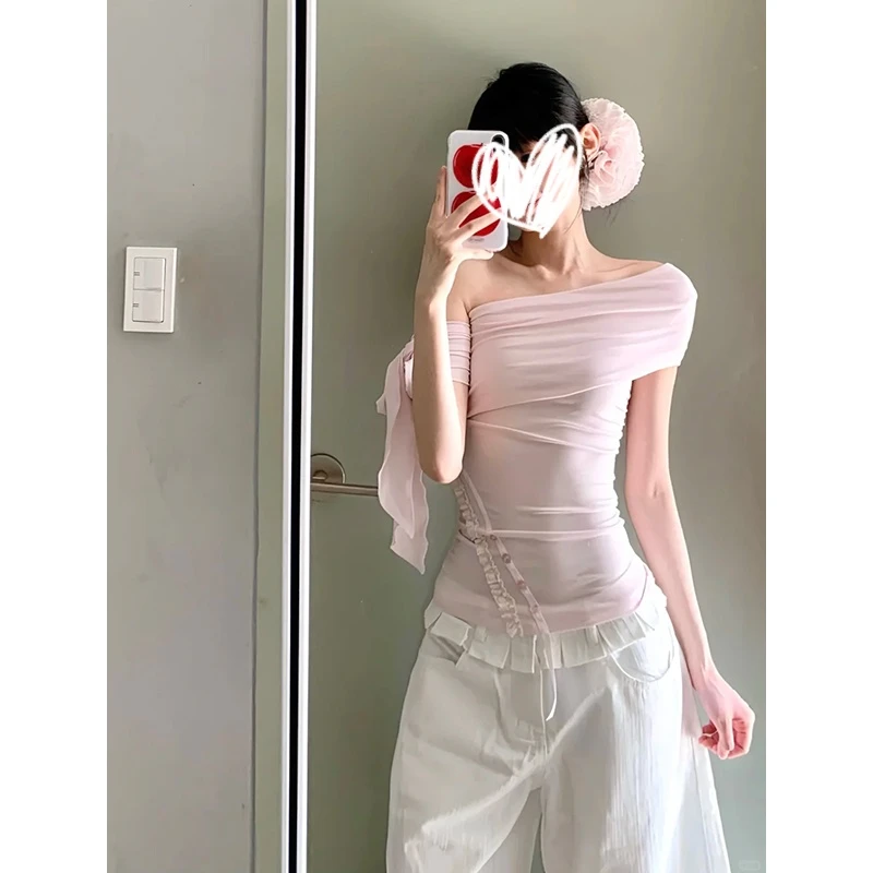 梦优莱韩系洋气小众粉色系带斜领露肩短袖T恤女夏季新款修身显瘦