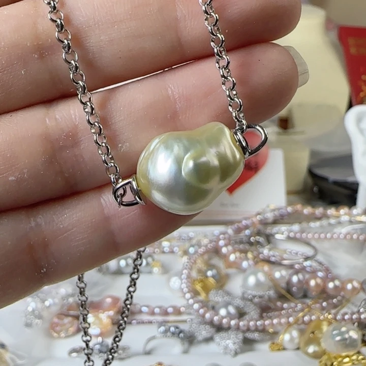 海水珍珠横卡17左右南洋金珠巴洛克有正常生长纹银S@***?