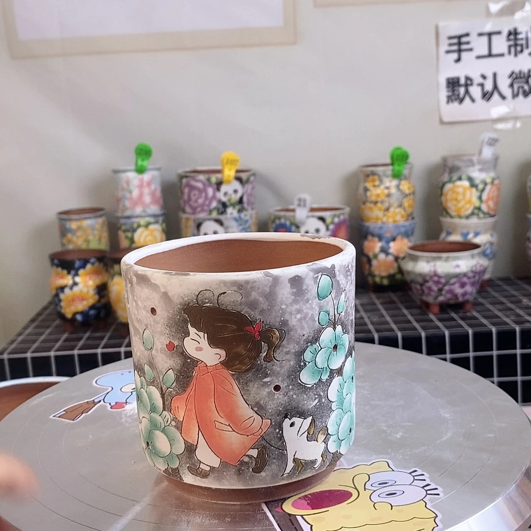 红泥花盆笑***❤红陶手绘花盆