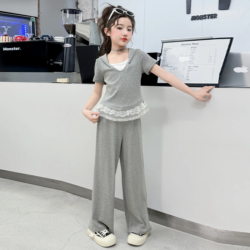 女童套装2025新款儿童洋气时髦蕾丝花边T恤阔腿裤两件套春夏款潮