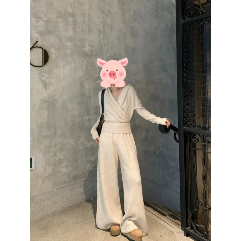 韩系设计感气质交叉针织上衣秋季新款高腰宽松垂感阔腿裤两件套潮