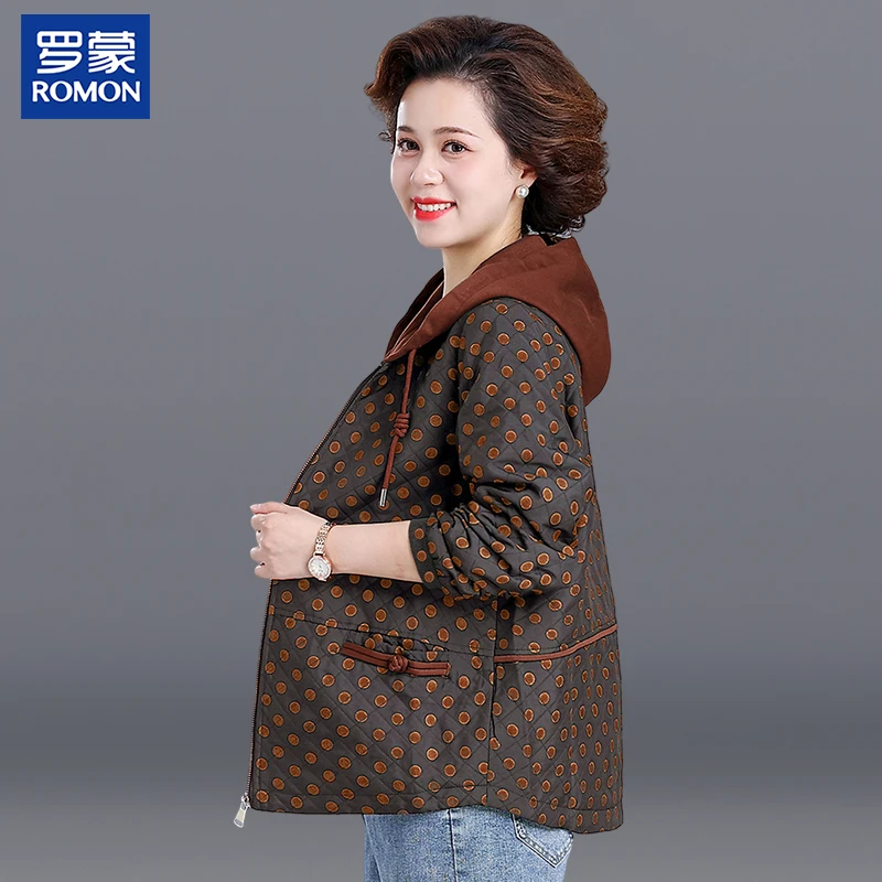 罗蒙妈妈装秋季休闲外套2025新款中年波点上衣中老年女士连帽夹克