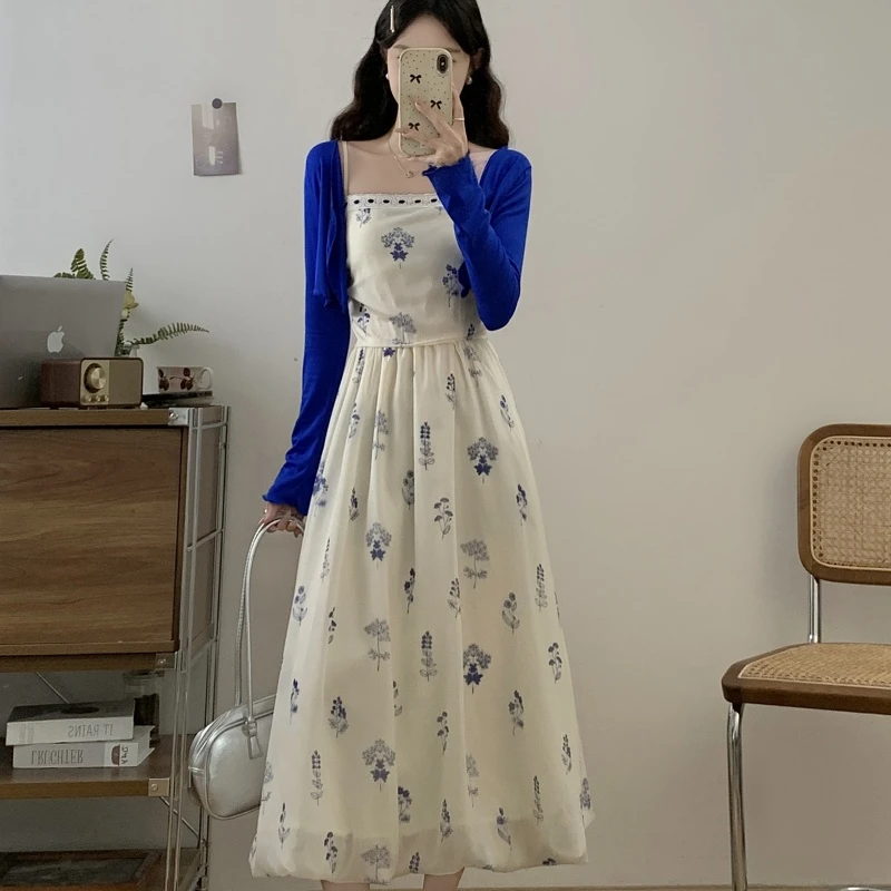 ~夏季新款新中式国风克莱因蓝开衫+法式吊带花苞连衣裙