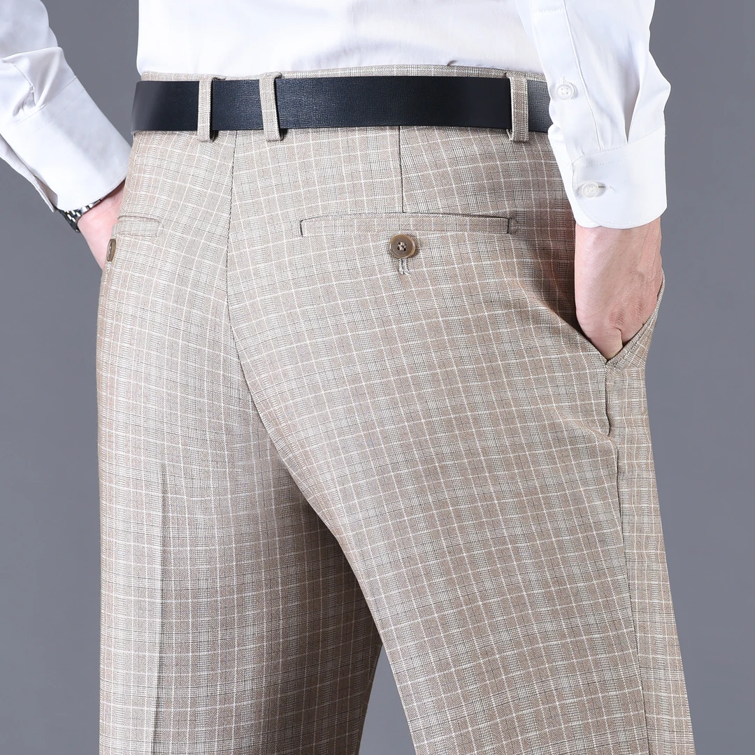 秋冬新款男士格子西裤免烫中年商务男装休闲西装裤垂感高腰男裤子