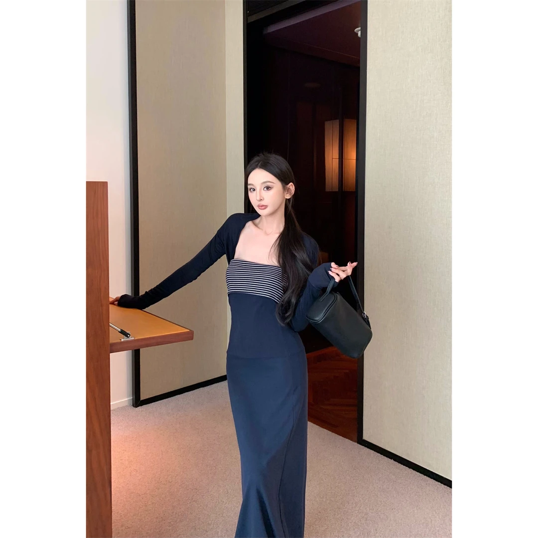 辣妹气质收腰修身长款包臀抹胸连衣裙开衫套装#8253