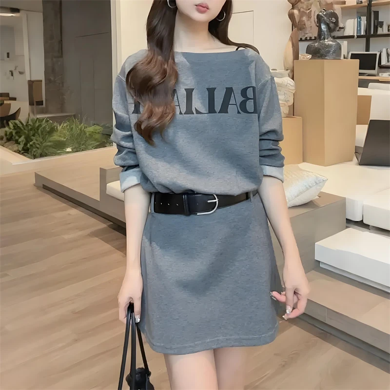 韩系气质休闲一字肩针织连衣裙女装2025秋季新款百搭通勤减龄裙子