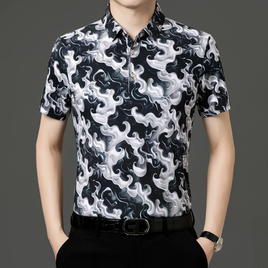 8020短袖polo衫男衬衣上衣夏季中年宽松翻领时尚薄款无痕商务印花