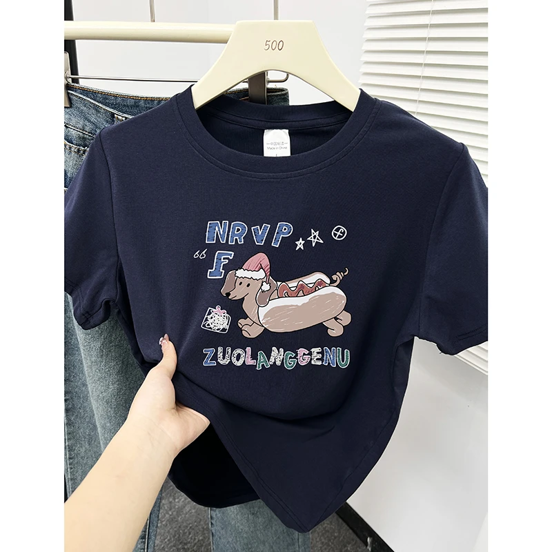 洋气小狗印花圆领正肩短袖T恤女夏季2025韩版小个子穿搭显瘦上衣