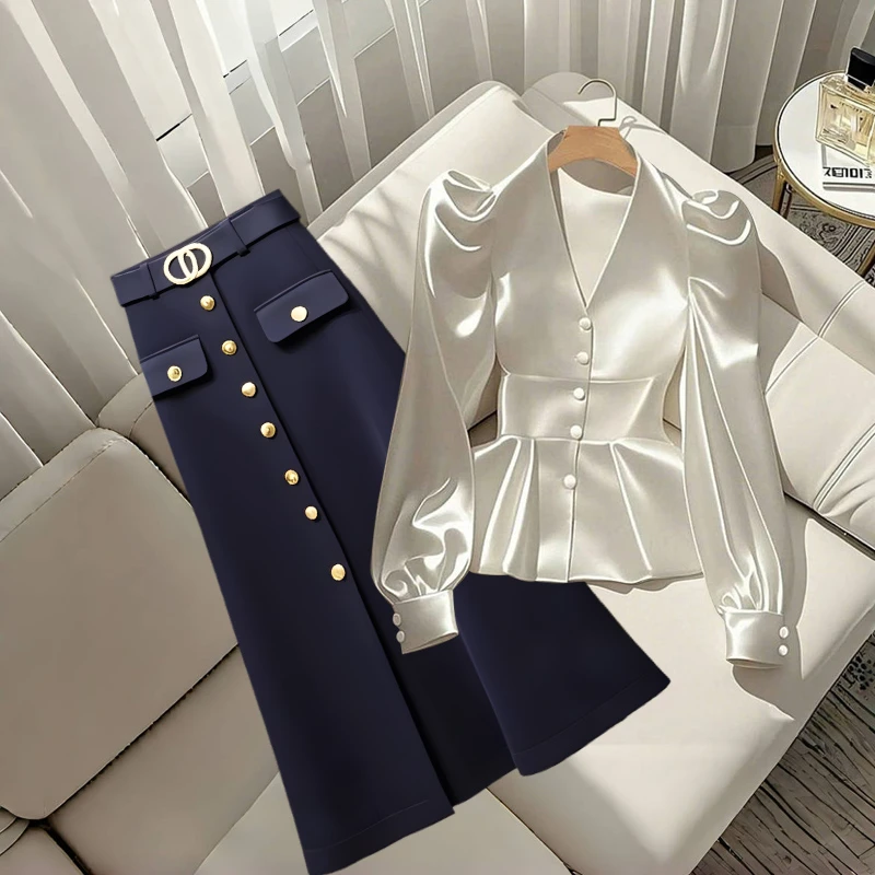 欧若风2025洋气衣服女漂亮绝美高级感气质缎面衬衫时尚百搭半身裙