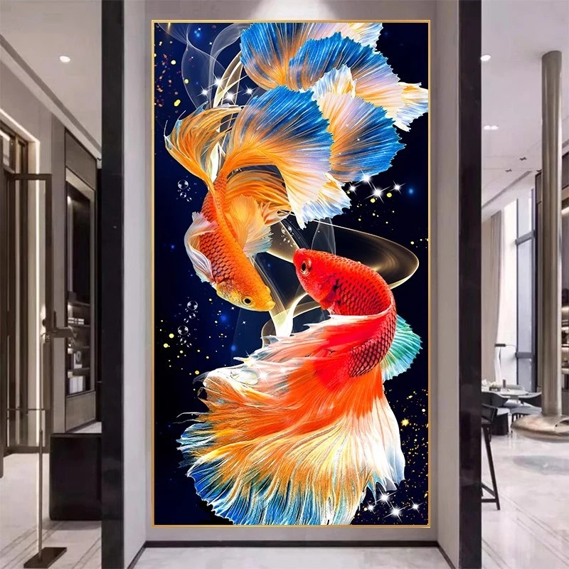 入户玄关钻石画九鱼图现代简约招财锦鲤走廊竖版客厅水晶钻十字绣
