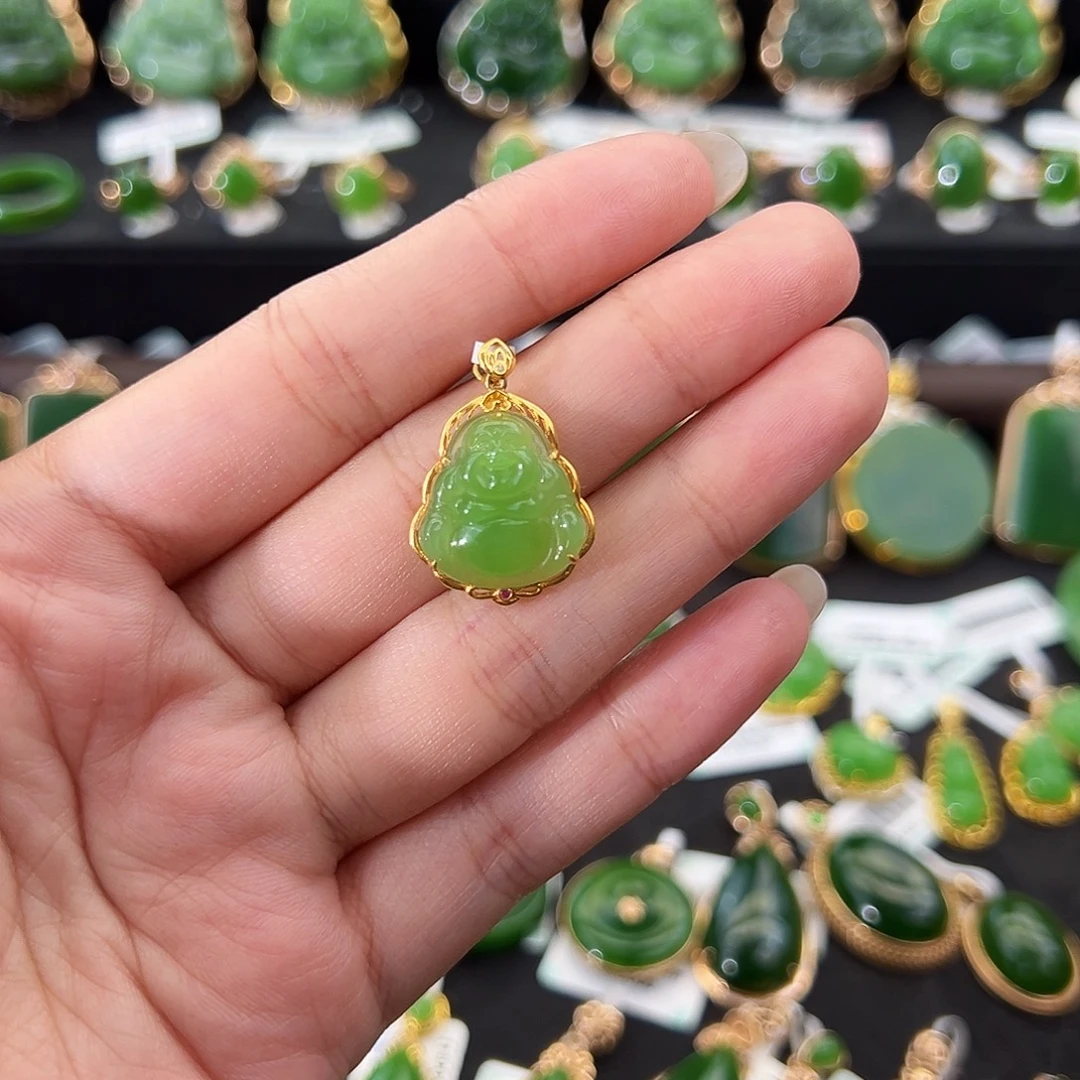 和田玉（碧玉）18K金镶嵌吊坠(不含链)苹果绿佛公15mm