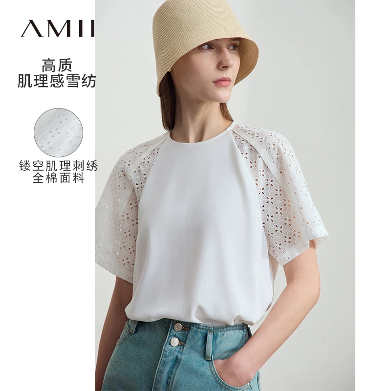 [Amii]圆领镂空肌理绣花撞料拼接宽松插肩袖雪纺衫女12542031