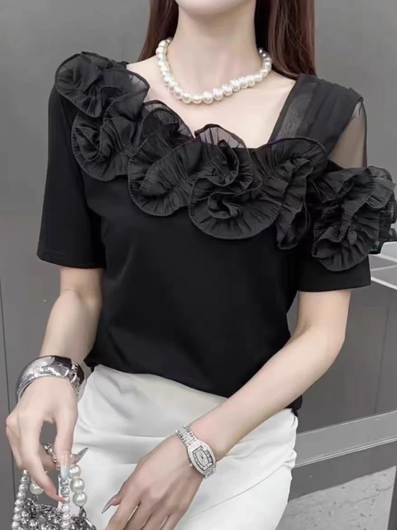 2025夏季新款时尚花朵木耳边百搭小衫显瘦网纱露肩短袖女T恤上衣