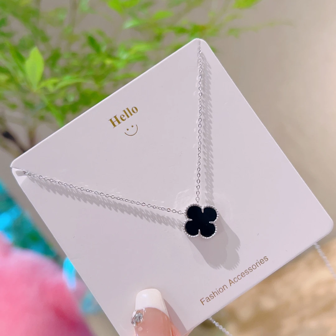 坠链均925银 雪银银匠/纯银双面黑色四叶草银项链