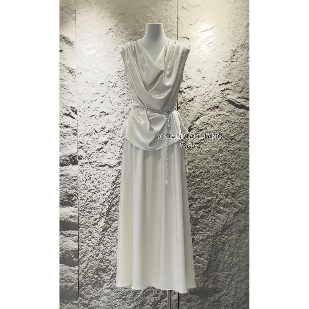 法式轻奢优雅高级感简约风气质荡领无袖上衣+半身裙套装3151#0.12