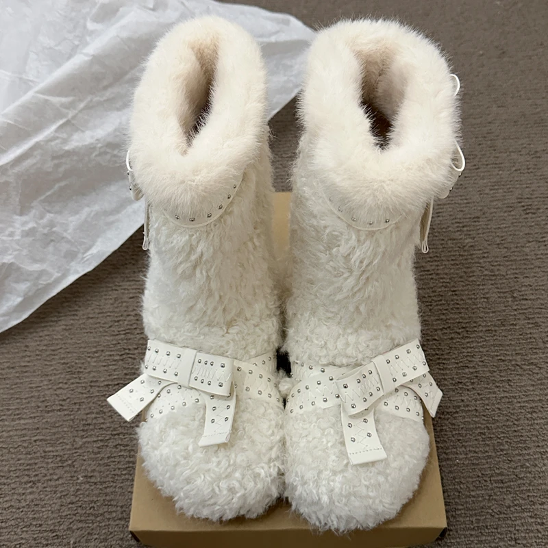 复古白色蝴蝶结毛毛雪地靴女2025新款冬季加绒加厚短靴保暖棉鞋子